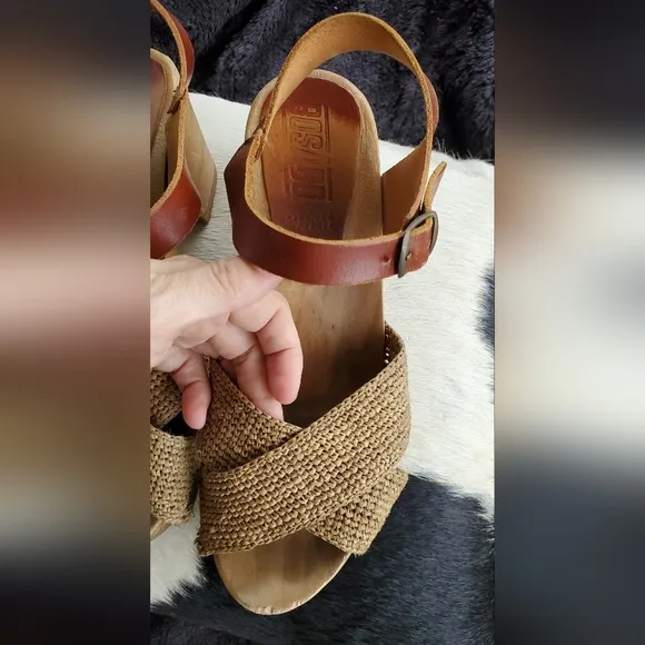 Bosabo Brown Leather and Woven Sandals High Heel Clog Sandal Raphia Cognac Sz 8