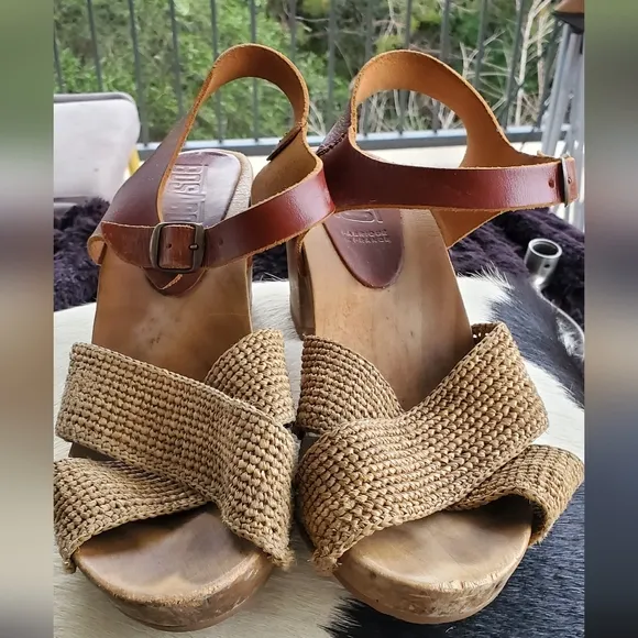 Bosabo Brown Leather and Woven Sandals High Heel Clog Sandal Raphia Cognac Sz 8