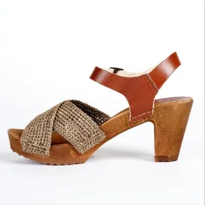 Bosabo Brown Leather and Woven Sandals High Heel Clog Sandal Raphia Cognac Sz 8
