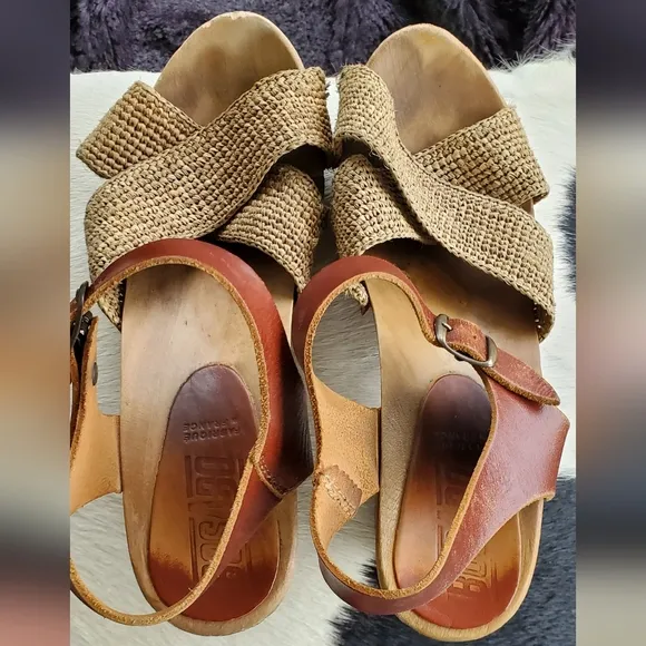Bosabo Brown Leather and Woven Sandals High Heel Clog Sandal Raphia Cognac Sz 8