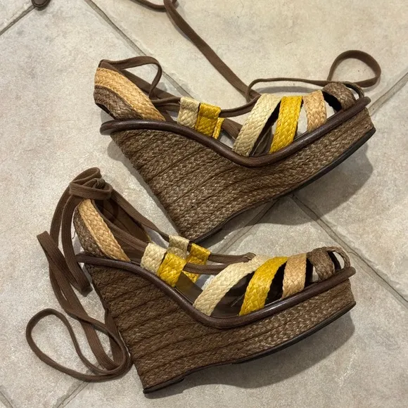 Bottega Veneta Brown and Yellow Espadrille Wedges