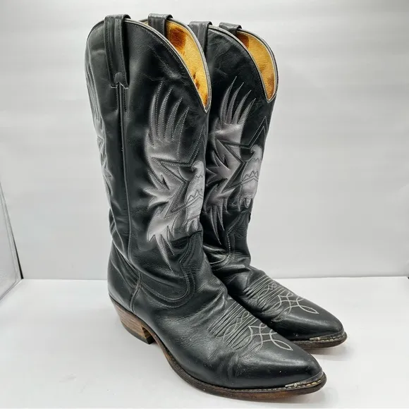 Boulet Men’s Size 9 Black Cowboy Boots Leather Silver Birds with Wings Western