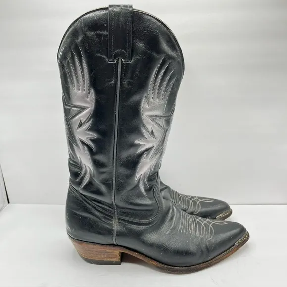 Boulet Men’s Size 9 Black Cowboy Boots Leather Silver Birds with Wings Western