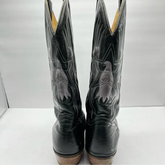 Boulet Men’s Size 9 Black Cowboy Boots Leather Silver Birds with Wings Western