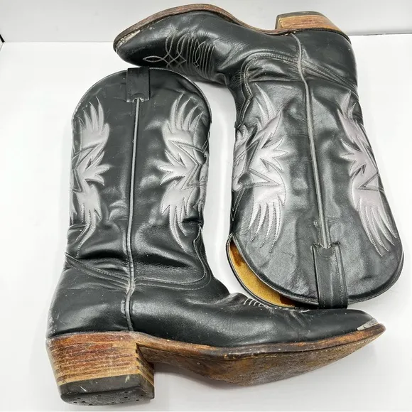 Boulet Men’s Size 9 Black Cowboy Boots Leather Silver Birds with Wings Western