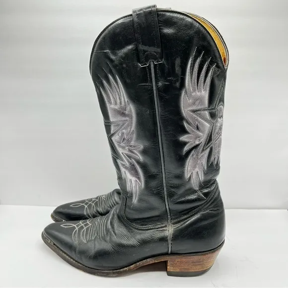 Boulet Men’s Size 9 Black Cowboy Boots Leather Silver Birds with Wings Western