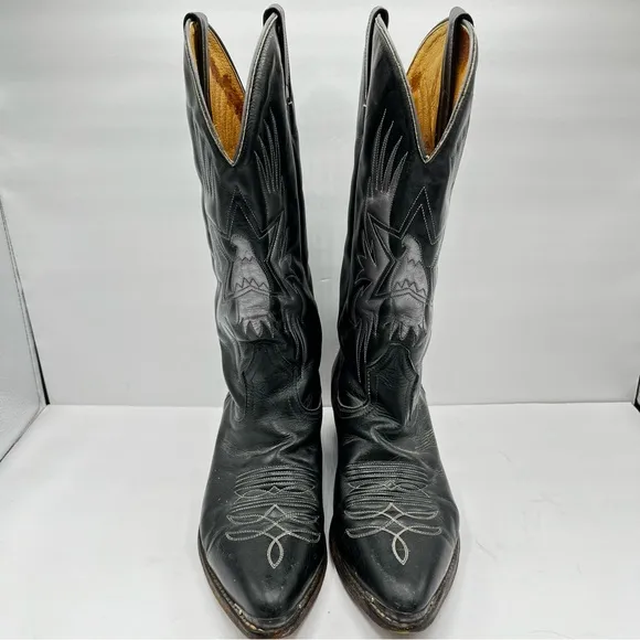 Boulet Men’s Size 9 Black Cowboy Boots Leather Silver Birds with Wings Western