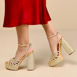 🩷BRAND NEW IN BOX NWT GOLD METALLIC STRAPY PLATFORM HIGH HEELS SIZE 8 SANDALS