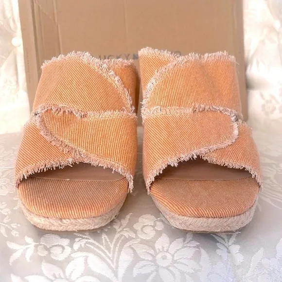 Brand New Lucky Brand Orange Washed Twill Madgie Espadrille Wedge Sandals