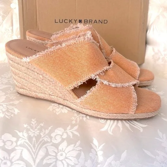 Brand New Lucky Brand Orange Washed Twill Madgie Espadrille Wedge Sandals