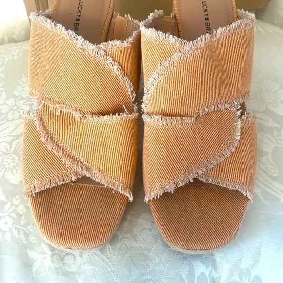 Brand New Lucky Brand Orange Washed Twill Madgie Espadrille Wedge Sandals