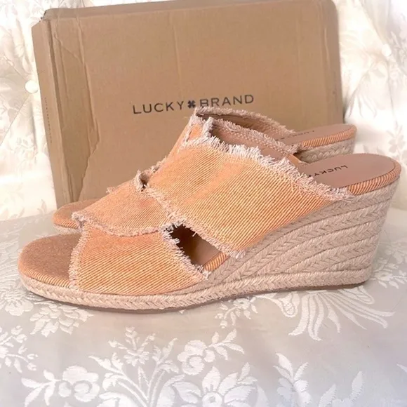 Brand New Lucky Brand Orange Washed Twill Madgie Espadrille Wedge Sandals