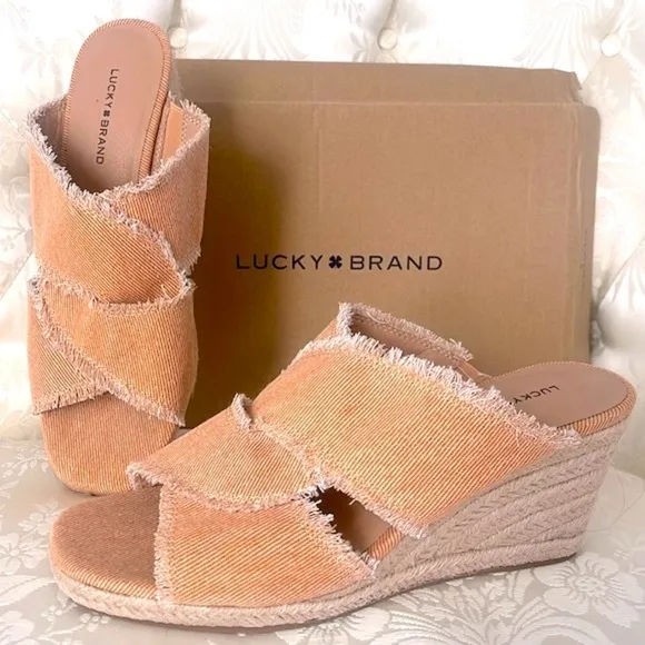 Brand New Lucky Brand Orange Washed Twill Madgie Espadrille Wedge Sandals