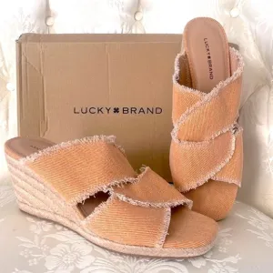 Brand New Lucky Brand Orange Washed Twill Madgie Espadrille Wedge Sandals