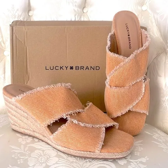 Brand New Lucky Brand Orange Washed Twill Madgie Espadrille Wedge Sandals