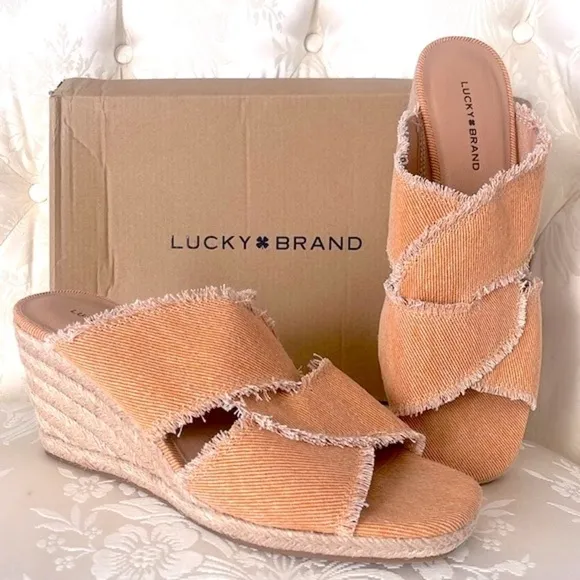Brand New Lucky Brand Orange Washed Twill Madgie Espadrille Wedge Sandals