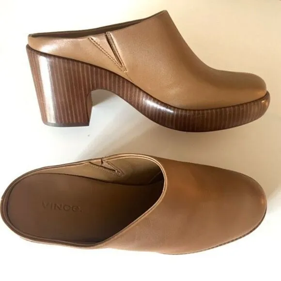 BRAND NEW Vince Women's Brown Navina Leather High Heel Platform Clog Shoes Size