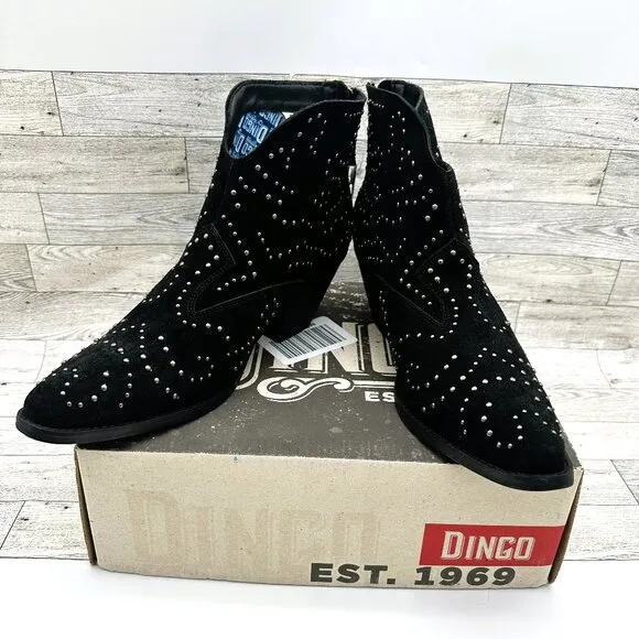 Brand NIB Dingo‎ Women's Black Studded Denim N Diamonds Zipper Ankle Boots, 11M