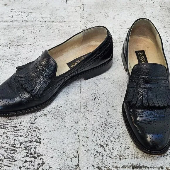 Brassboot Men Shoes Black Leather Slip On Kiltie Loafer Size 9.5M Made Italy