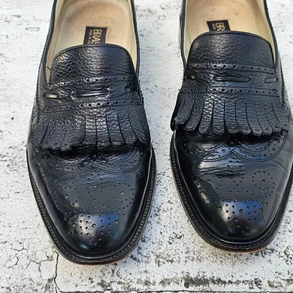 Brassboot Men Shoes Black Leather Slip On Kiltie Loafer Size 9.5M Made Italy
