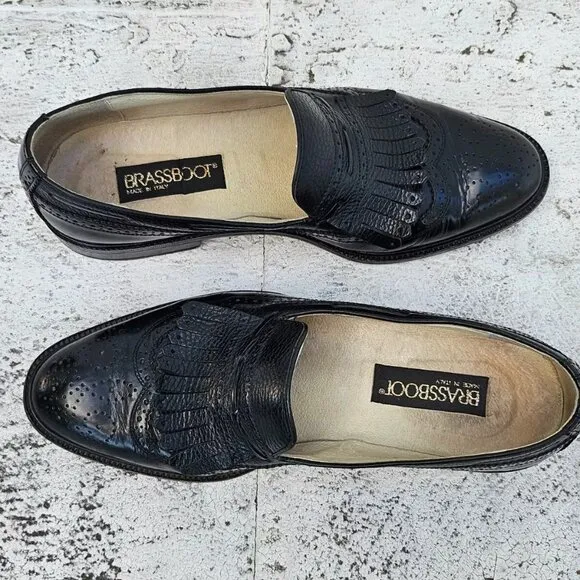 Brassboot Men Shoes Black Leather Slip On Kiltie Loafer Size 9.5M Made Italy
