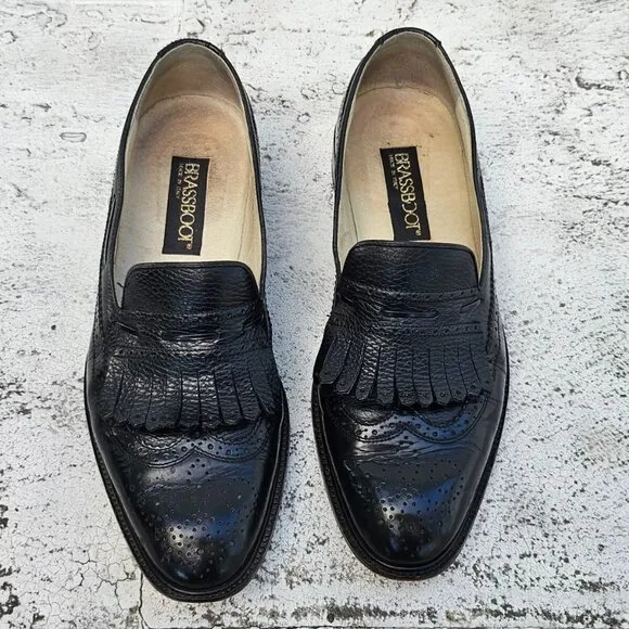 Brassboot Men Shoes Black Leather Slip On Kiltie Loafer Size 9.5M Made Italy