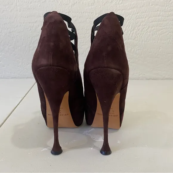 Brian Atwood &quot;Supercharged 140&quot;  stiletto Bootie heels sz 37 / 6.5 - suede -
