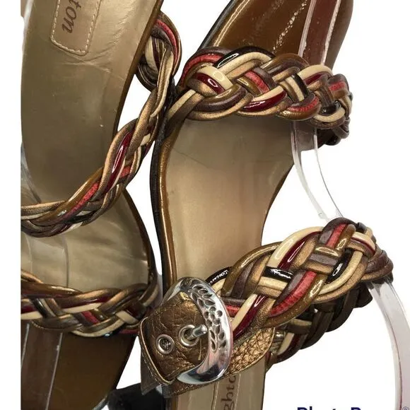 Brighton Figi Sandals Braided Metallic Tones Leather Silver Buckles Size 10