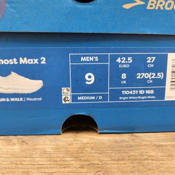 Brooks Ghost Max 2 Sz 9 Mens Bright White Casual Walking Running Shoes