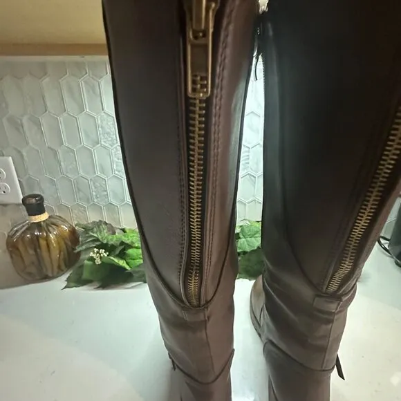 Brown Knee-High Boots With Buckle &amp; Side Zipper