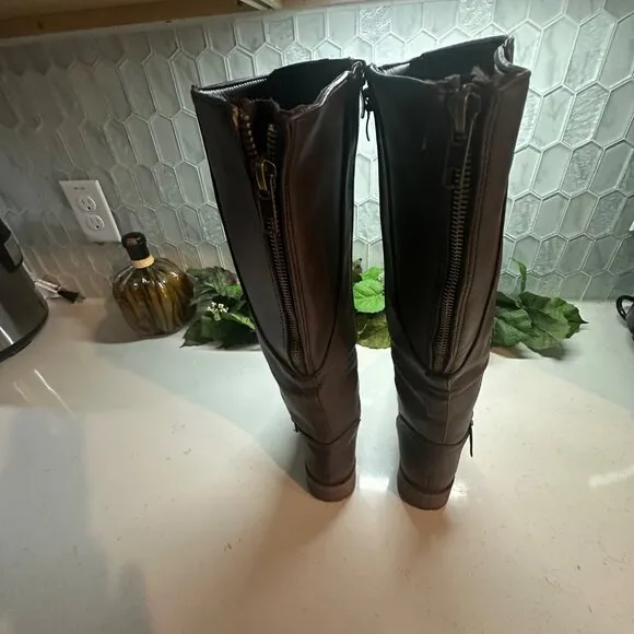 Brown Knee-High Boots With Buckle &amp; Side Zipper