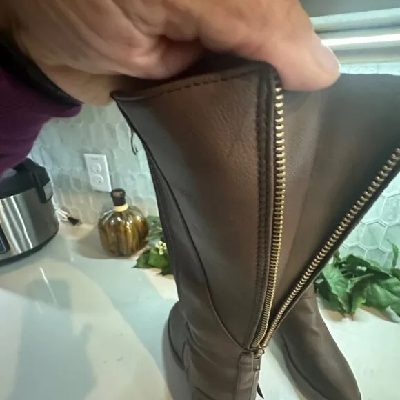 Brown Knee-High Boots With Buckle &amp; Side Zipper