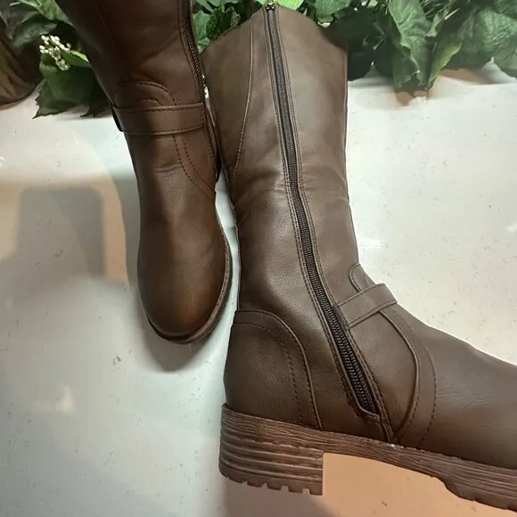 Brown Knee-High Boots With Buckle &amp; Side Zipper