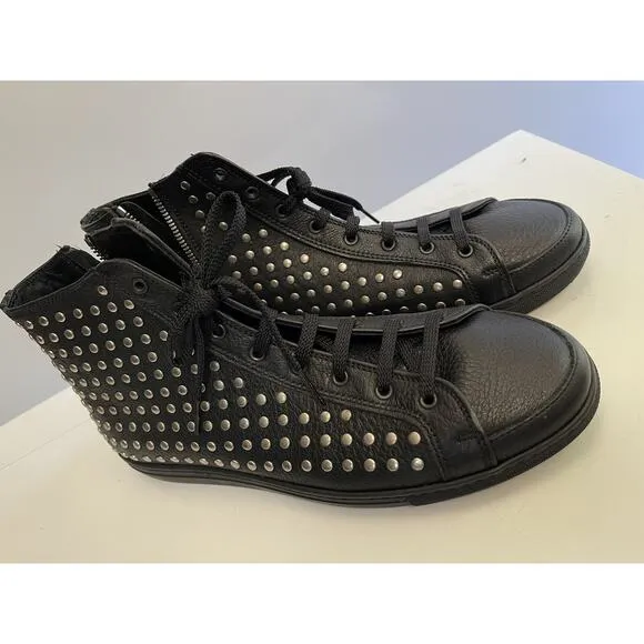 Burberry Black Leather Lace Front Studded Ankle Sneakers Size 9.5