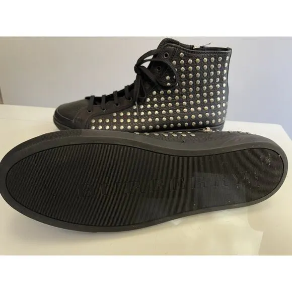 Burberry Black Leather Lace Front Studded Ankle Sneakers Size 9.5