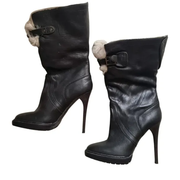 BURBERRY Black Leather Shearling Lined Boots