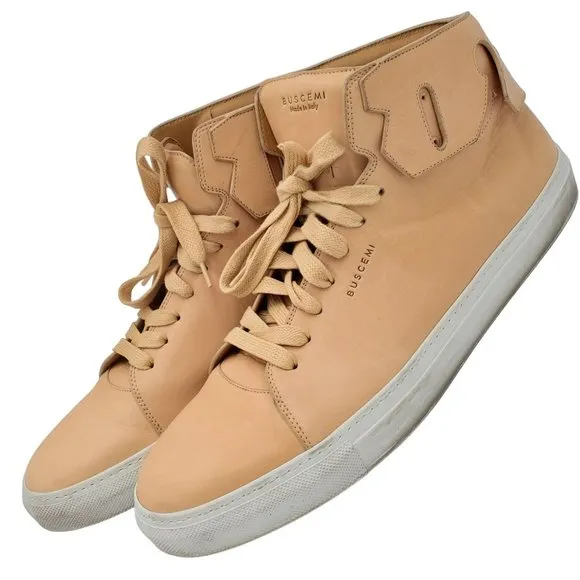 Buscemi Men's 17 US / 50 EU Italian Beige Leather Casual Shoes High Top Sneakers