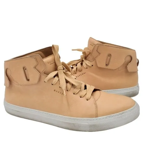 Buscemi Men's 17 US / 50 EU Italian Beige Leather Casual Shoes High Top Sneakers