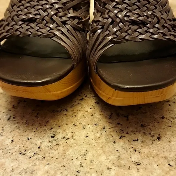 CALVIN KLEIN Dark Brown Braided Leather Wooden Platform Shoes