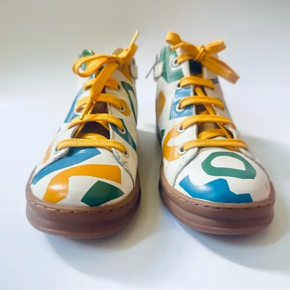 Camper Sz 32, US 13.5 TWINS leather high top sneakers cream yellow green blue