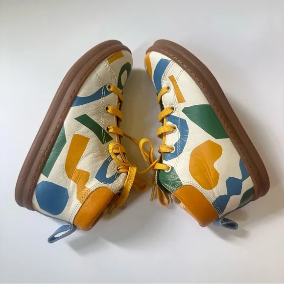 Camper Sz 32, US 13.5 TWINS leather high top sneakers cream yellow green blue