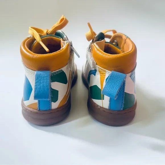 Camper Sz 32, US 13.5 TWINS leather high top sneakers cream yellow green blue