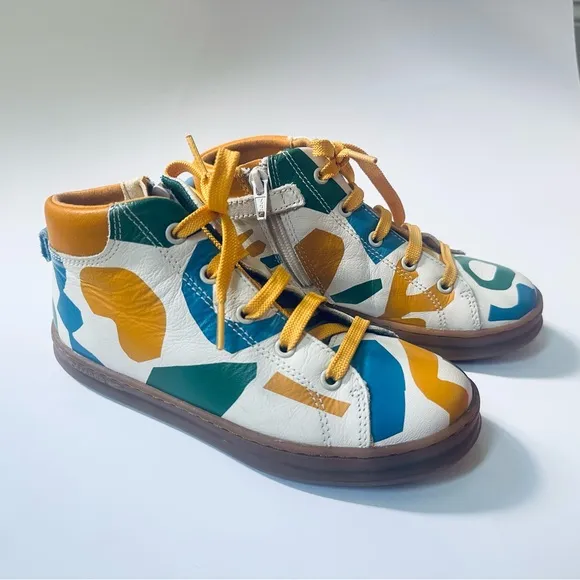 Camper Sz 32, US 13.5 TWINS leather high top sneakers cream yellow green blue