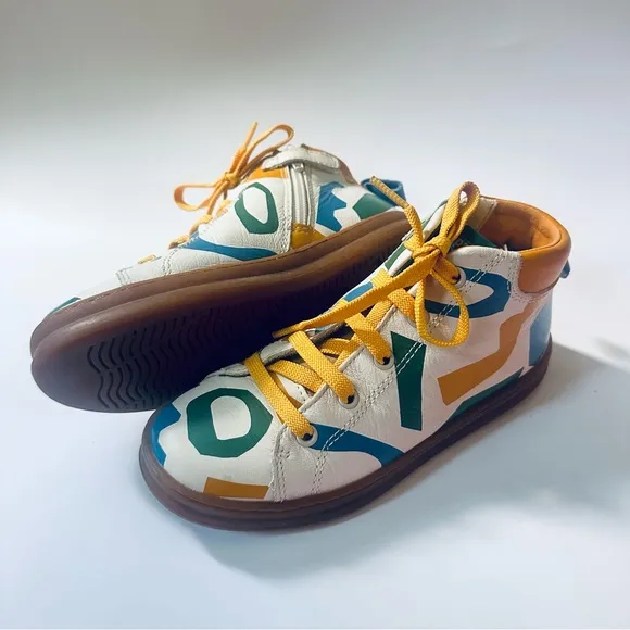 Camper Sz 32, US 13.5 TWINS leather high top sneakers cream yellow green blue