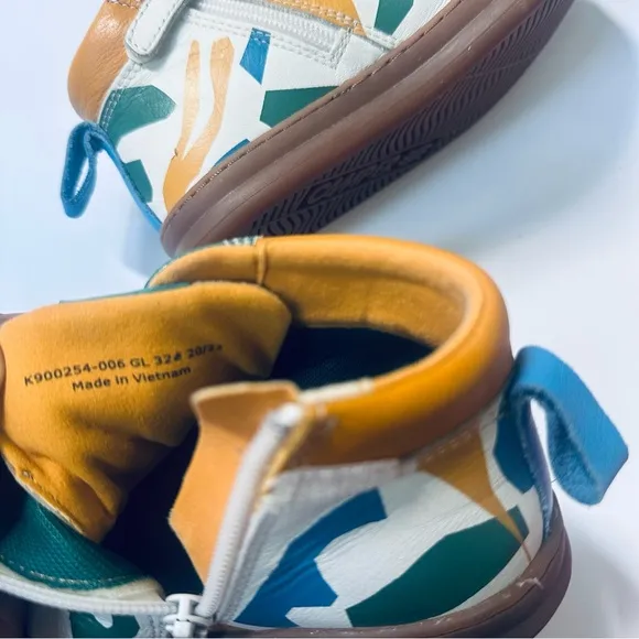 Camper Sz 32, US 13.5 TWINS leather high top sneakers cream yellow green blue