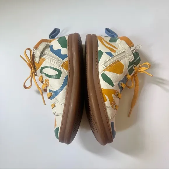 Camper Sz 32, US 13.5 TWINS leather high top sneakers cream yellow green blue