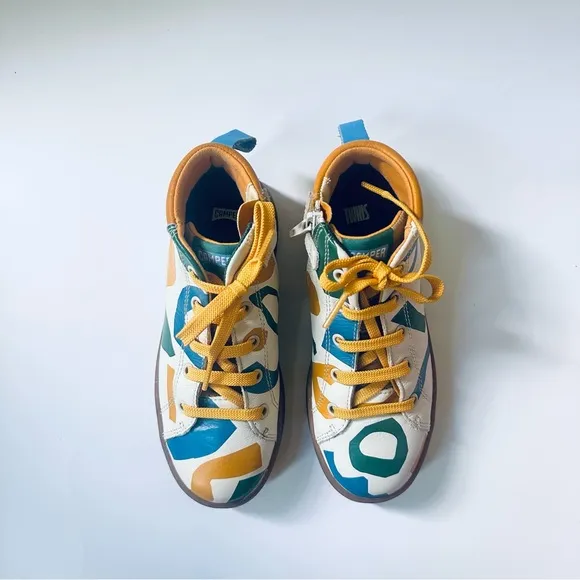 Camper Sz 32, US 13.5 TWINS leather high top sneakers cream yellow green blue