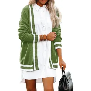 Cardigan Sweaters for Women Knit Open Front Varsity Trendy Cardigan with Pockets