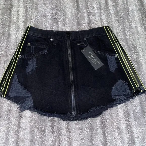 Carmar Denim Black Zipper Front Skirt w/Neon Side Size 26 NWT