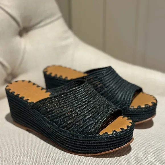 Carrie Forbes Karin Woven Raffia Wedge Slide Sandals. Size 37. New witho…